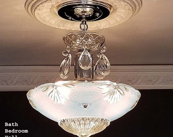 790b Antique/Vtg  1930's 40's  arT Deco Glass Shade Ceiling Light Lamp Fixture Chandelier