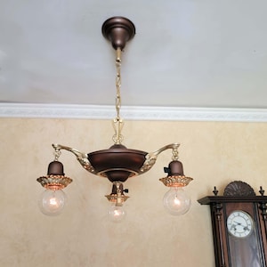 862c Restored Antique 1910's 20's 30's Brass Ceiling Light Fixture Chandelier dining living room