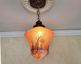 443bm Antique 1920's 30s Asian scene glass shade solid brass ceiling light lamp pendant porch hall entryway