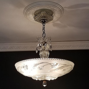 929 Antique/Vtg 1930 - 40&#39;s  arT DEco glass shade Ceiling Light Lamp Fixture Chandelier 1 of 2