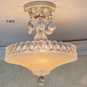 132bp, Antique vintage 1930's 40's Ceiling Light Lamp Fixture crystal chandelier linen cream-pinkish tint