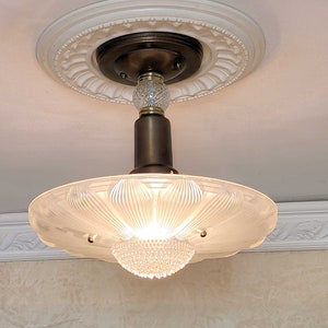 089c Antique/Vtg 1930&#39;s 40&#39;s arT Deco Ceiling Light Lamp Fixture Glass Shade