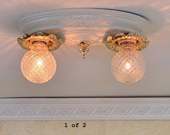 833c Antique 1910's 20's Victorian Brass Ceiling Light glass shades Chandelier bedroom hall