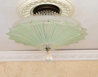 599cg Antique vintage 1930s 40s Ceiling Light Glass Shade lamp fixture chandelier jadeite green