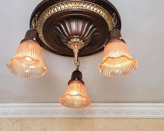 067d, Antique 1910's 20's Ceiling Light lamp fixture brass chandelier Victorian bedroom entryway