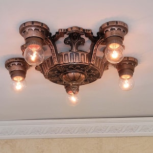 871c Antique 1920s 30s cast metal ceiling light fixture chandelier aRT Nouveau bedroom entry