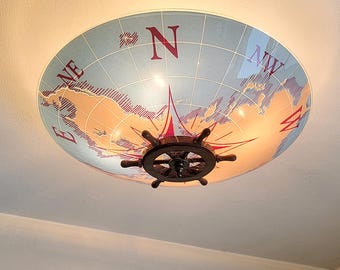 621c Vintage Nautical Ceiling Light: Maritime Glass Shade, Mid-Century Modern