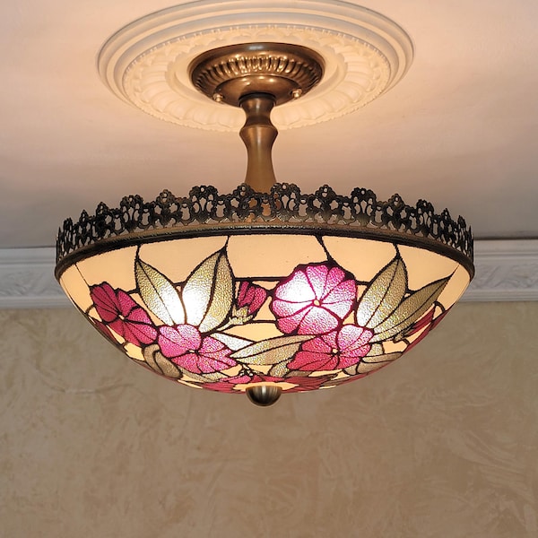 943c, Vintage 60s 70s lg 14" mid-century modern ceiling light fixture glass shade lamp