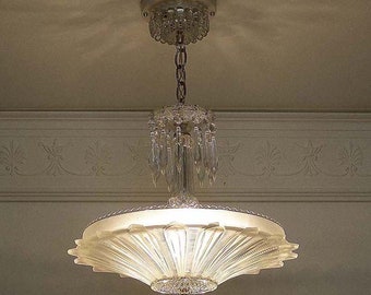 549r, Antique 1930s 40s Ceiling Light Glass Shade Fixture Chandelier, SUNFLOWER
