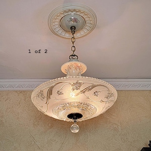 135c Antique vintage 1930&#39;s 40&#39;s Ceiling Light Lamp Fixture Glass Shade Porcelain Chandelier cabbage rose pair 1 of 2 Victorian