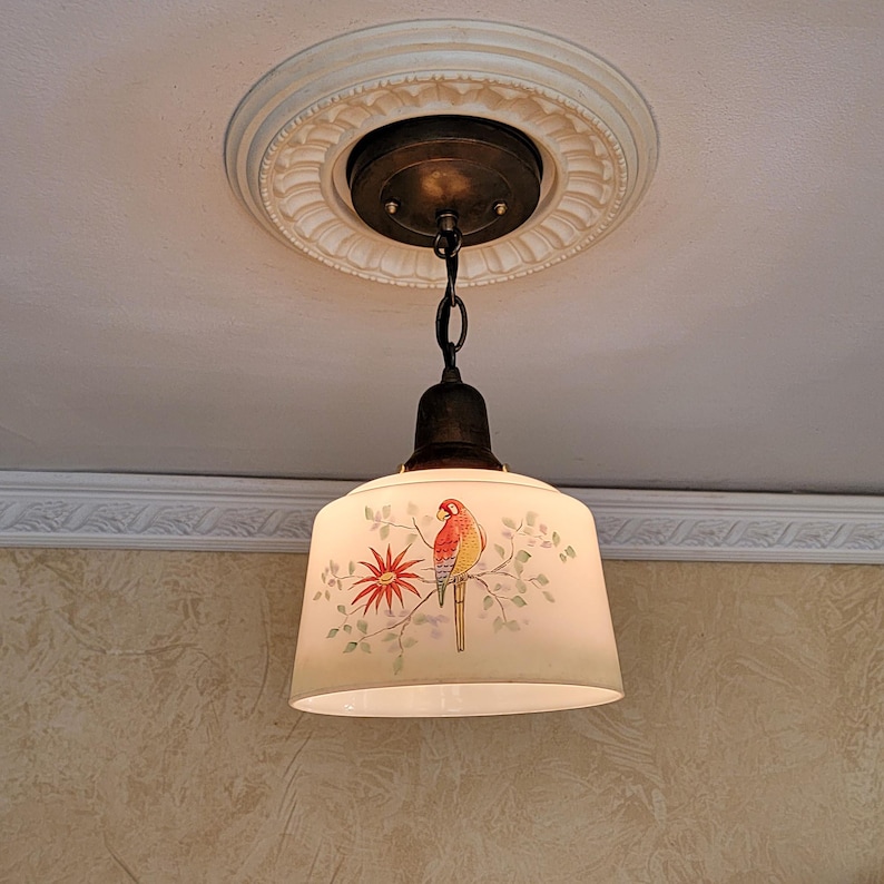 May include: A white glass pendant light fixture with a black metal chain and a painted design of a red and yellow parrot on a branch with flowers.