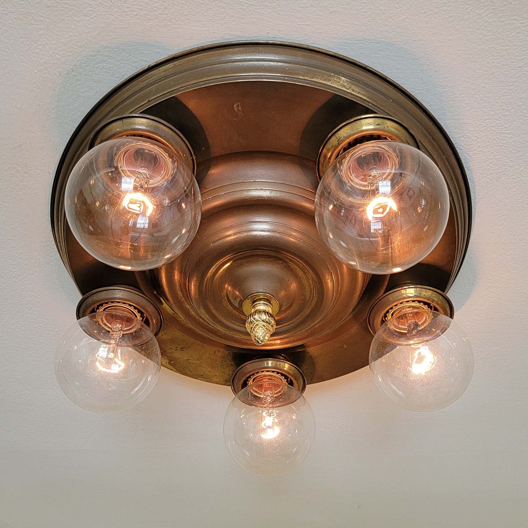 434c Antique 1910's 20's Brass Ceiling Light Fixture Chandelier ...