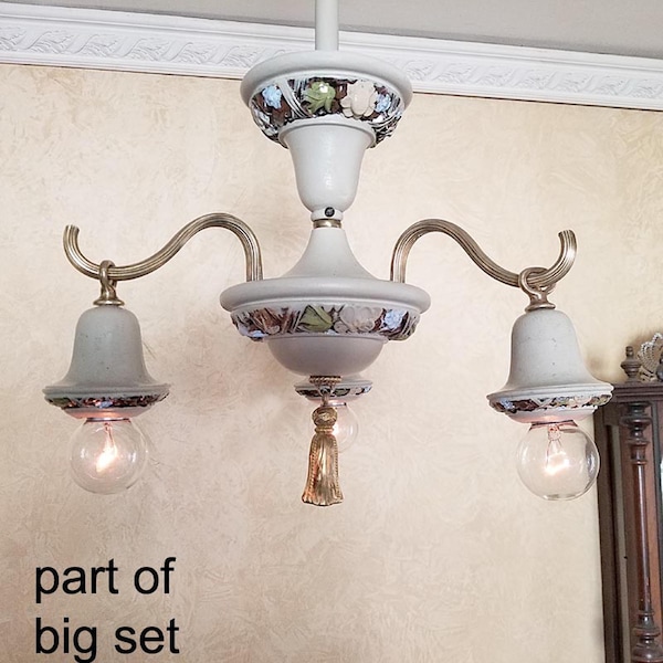 564b Antique 1910's 20's Victorian Ceiling Light Brass pan fixture Chandelier Part of set lighting