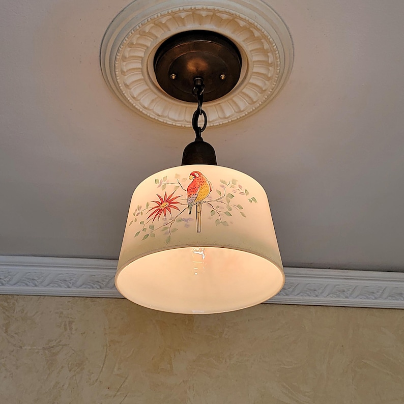 May include: A white pendant light with a glass shade featuring a hand-painted design of a red and yellow bird perched on a branch with green leaves and a red flower.