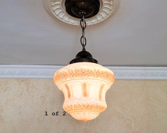 634c, Antique 1920's 30's Ceiling light glass lamp fixture hall porch pendant