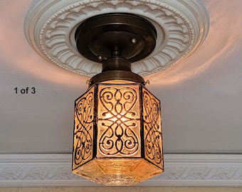 148c Arts Crafts mission Spanish revival Glass Shade Ceiling Light Fixture porch