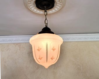 080c, Antique 1910's 20's 30's Victorian Glass Shade Ceiling Light Fixture porch pendant