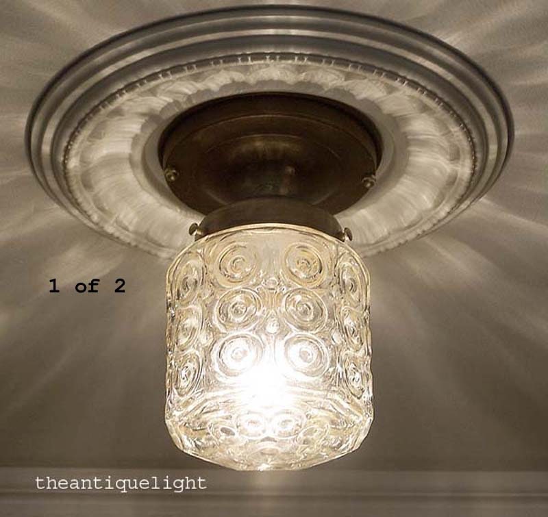 383a Antique vintage 1920's 30's Arts Crafts mission Glass Shade Ceiling Light brass Fixture hall porch