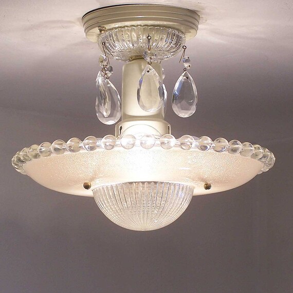 173b Vintage Art Deco Ceiling Light Chandelier Fixture Glass Tan 3 Light