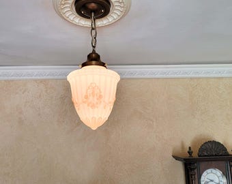 849c Antique Vintage 1910's 30's Ceiling Light Lamp Fixture Glass
