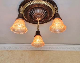 975c Restored Antique 1910's 20's Ceiling Light lamp fixture brass chandelier Victorian bedroom entryway