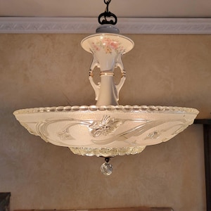 135c Antique vintage 1930&#39;s 40&#39;s Ceiling Light Lamp Fixture Glass Shade Porcelain Chandelier cabbage rose Victorian