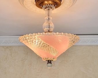 945c Antique vintage 30's 40's Glass Ceiling Lamp Light Fixture chandelier pink
