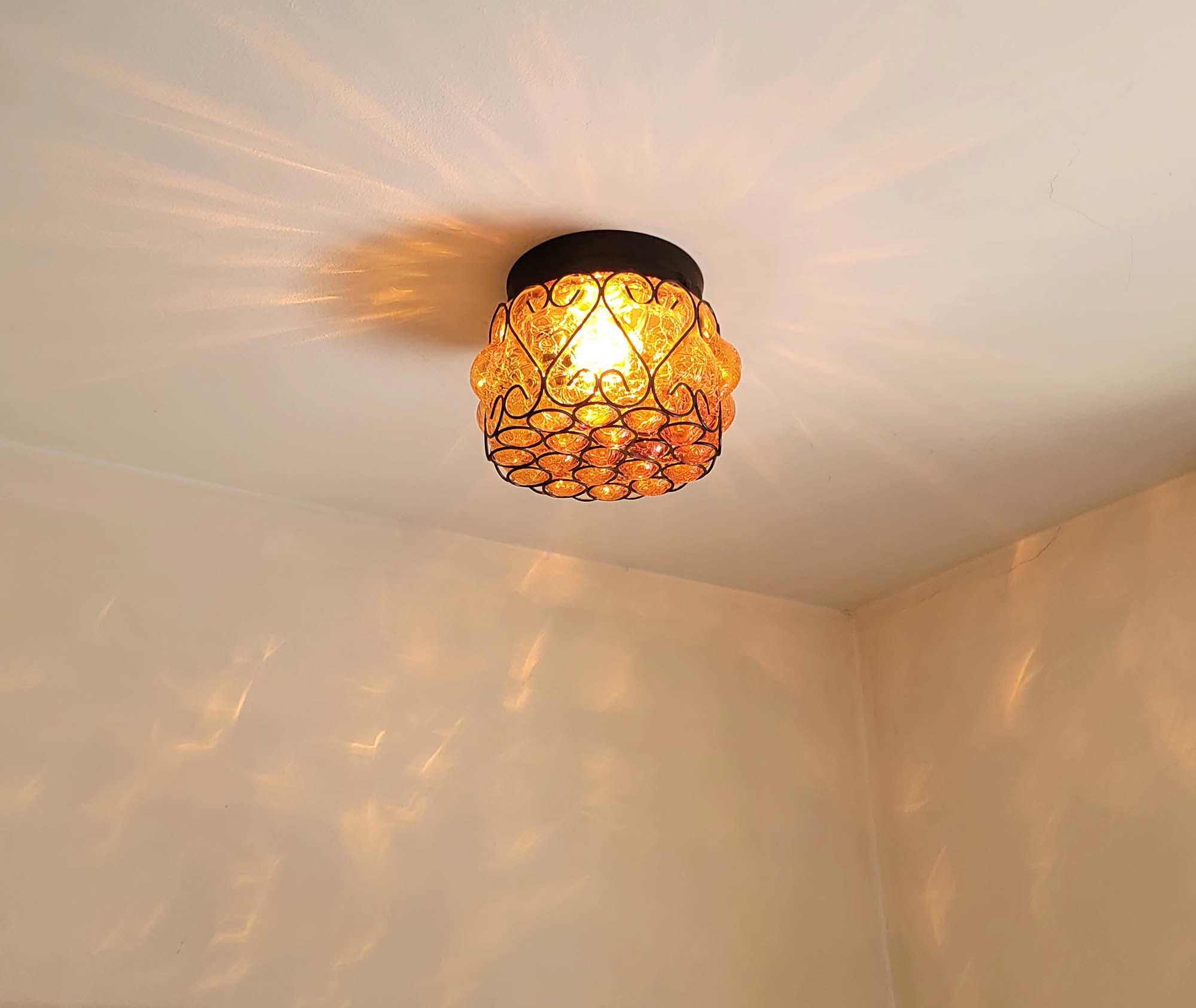 484c Vintage 60s 70s Mcm Ceiling Light Fixture Glass Spanish