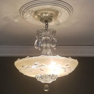 223a Antique vintage 1930-40&#39;s CEILING LIGHT glass shade chandelier fixture beige