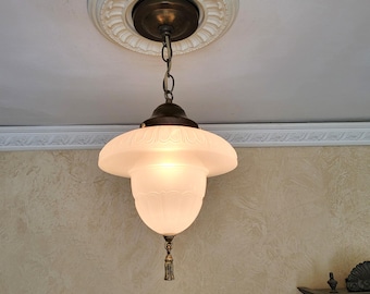 901c Antique vintage 1920's 30's Milk Glass Shade Ceiling Light Fixture hall entry porch Victorian pendant
