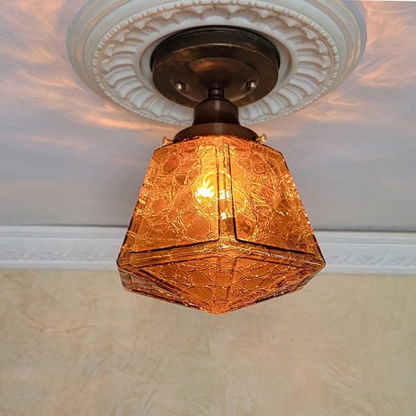 825c Vintage antique arT Deco Glass Shade Ceiling Light Fixture hall entry porch