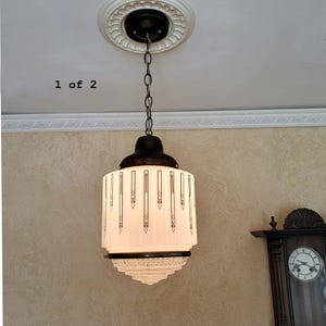 696a Antique vintage 1930&#39;s 1940&#39;s aRT DEco Ceiling Light Lamp Fixture Glass Shade Pendant chandelier