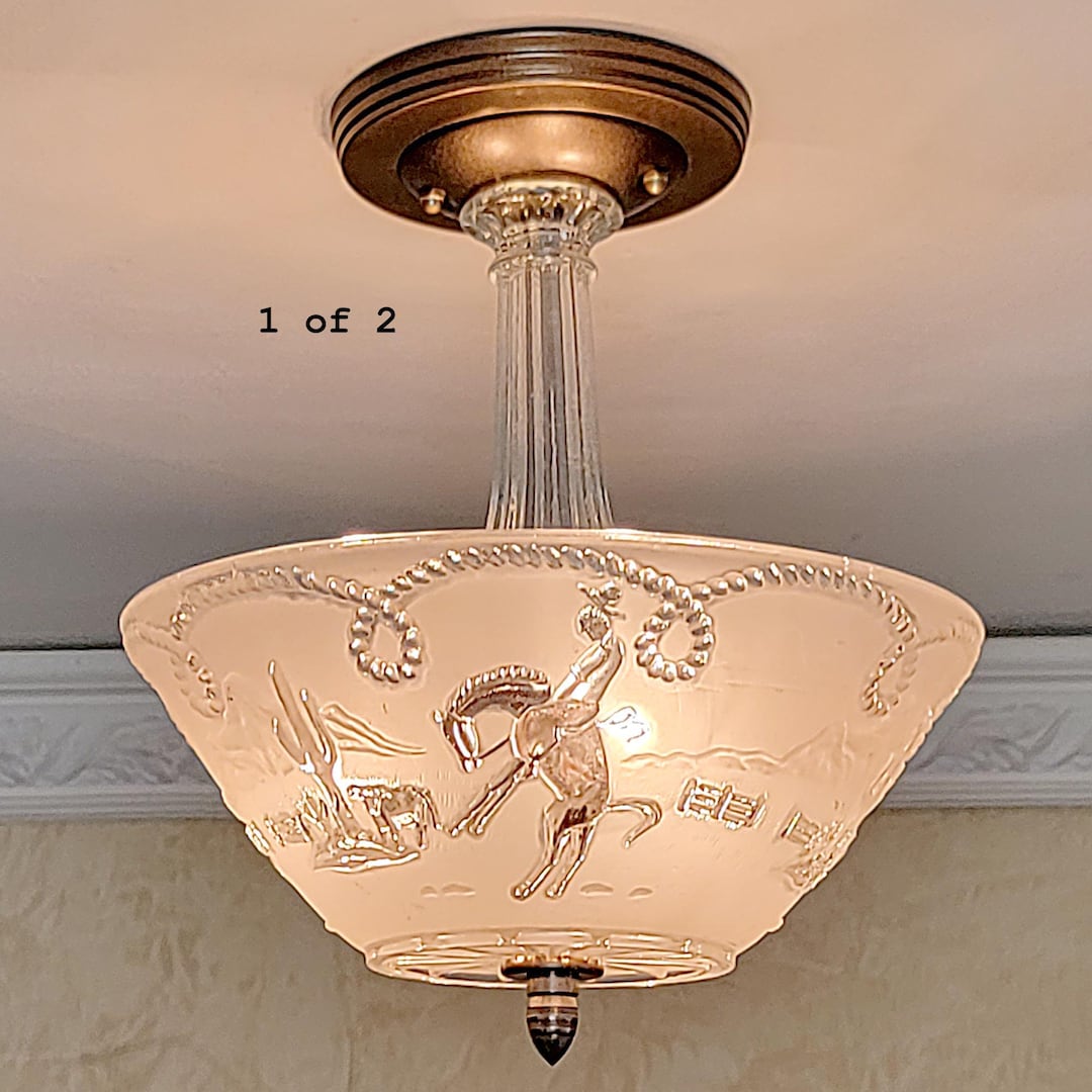 222c Vintage Ceiling Light Fixture Glass Shade Lamp Chandelier Western