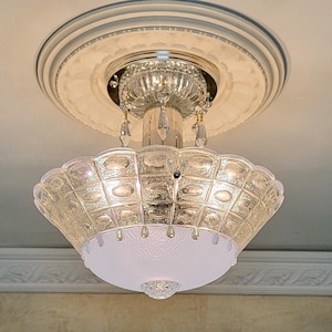 225c Antique Vintage Ceiling Light Fixture chandelier glass shade chandelier blue 30&#39;s 40&#39;s