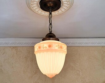 667c Victorian Brass Ceiling Light Fixture: Antique Glass Pendant Lighting