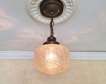 639c Vintage 1960's 70's crackled glass shade brass ceiling light fixture pendant hall kitchen porch mid-century modern mcm