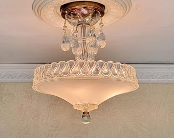 132b Antique vintage 1930&#39;s 40&#39;s Ceiling Light Glass Shade lamp fixture chandelier bedroom hall entryway guest bath