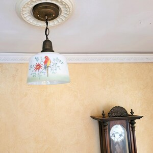 May include: A white glass lampshade with a painted image of a red and yellow bird perched on a branch with green leaves and a pink flower. The lampshade is hanging from a brass ceiling fixture.