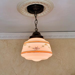 687c Antique 1940&#39;s glass shade solid brass ceiling light fixture pendant hall kitchen porch Victorian  vintage