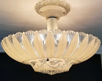 798b Antique Vintage 1930&#39;s 40&#39;s Ceiling Glass Shade Light Lamp Fixture Chandelier  1 of 2 pair