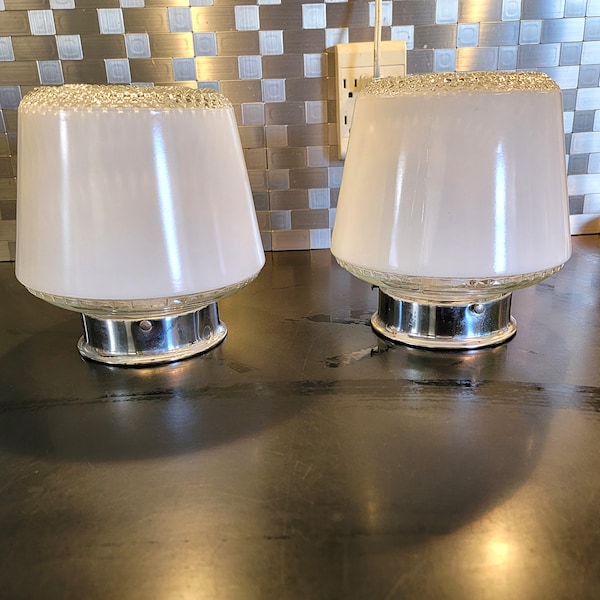 095c Antique vintage 30s 40s ceiling light fixture glass shade pair set kitchen hall bath