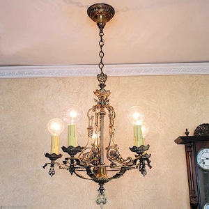 021c Antique 1910's-30's Quality Tudor Gothic Ceiling Light Fixture Chandelier