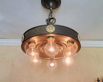872c Antique 1920's 40's ceiling light fixture brass chandelier Theater entryway hall