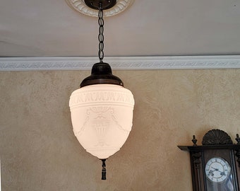 355c Antique 1910's 20's Victorian CEILING LIGHT lamp fixture glass shade pendant schoolhouse entry hall porch