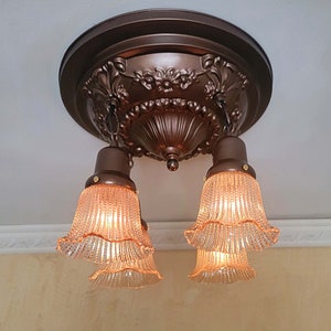 406c Antique 1910s 20s Ceiling Light lamp fixture brass pan chandelier Victorian glass shades