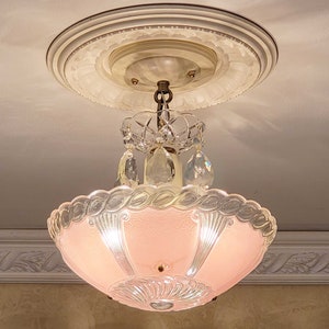 054c Antique Vintage 1930-40&#39;s aRT DEco CEILING LIGHT Glass shade chandelier fixture pink hall bedroom guest bath
