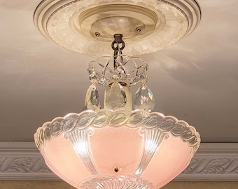 054c Antique Vintage 1930-40&#39;s aRT DEco CEILING LIGHT Glass shade chandelier fixture pink hall bedroom guest bath