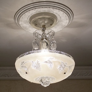 145b Antique/Vtg 30&#39;s 40s arT Deco Glass Shade Ceiling Light Fixture Chandelier
