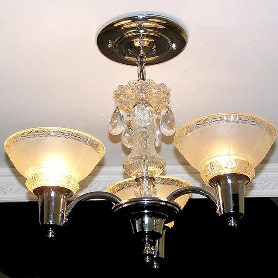 VINTAGE DECO LOOK CHANDELIER PENDANT LIGHT GLASS RETRO DROPS LAMP ANTIQUE CHROME