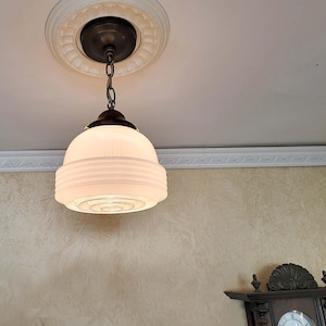 531c Vintage 1930s 50&#39;s industrial arT DEco glass shade Ceiling Light Lamp brass fixture pendant kitchen hall pantry